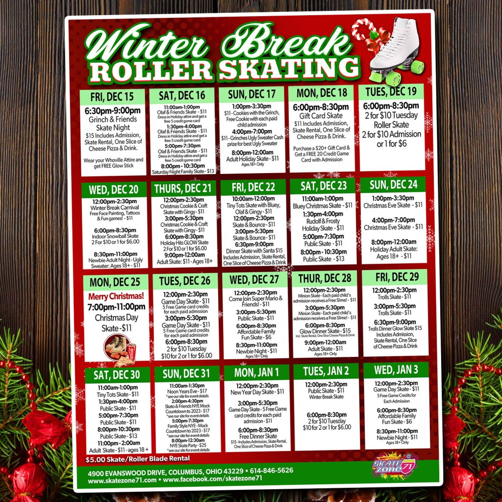 Skate Zone 71 Winter Break Calendar